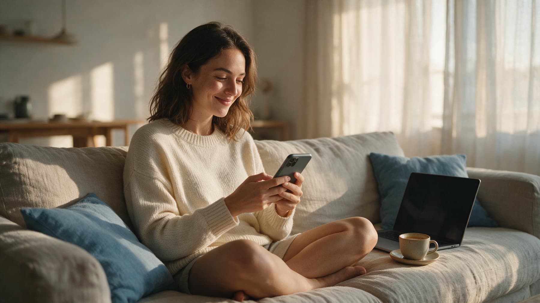Creatorin auf dem Sofa mit ihrem Handy